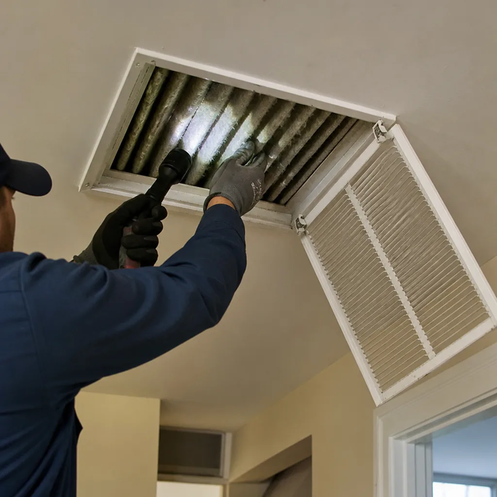 HVAC technician inspecting a residential ceiling air filter with a flashlight