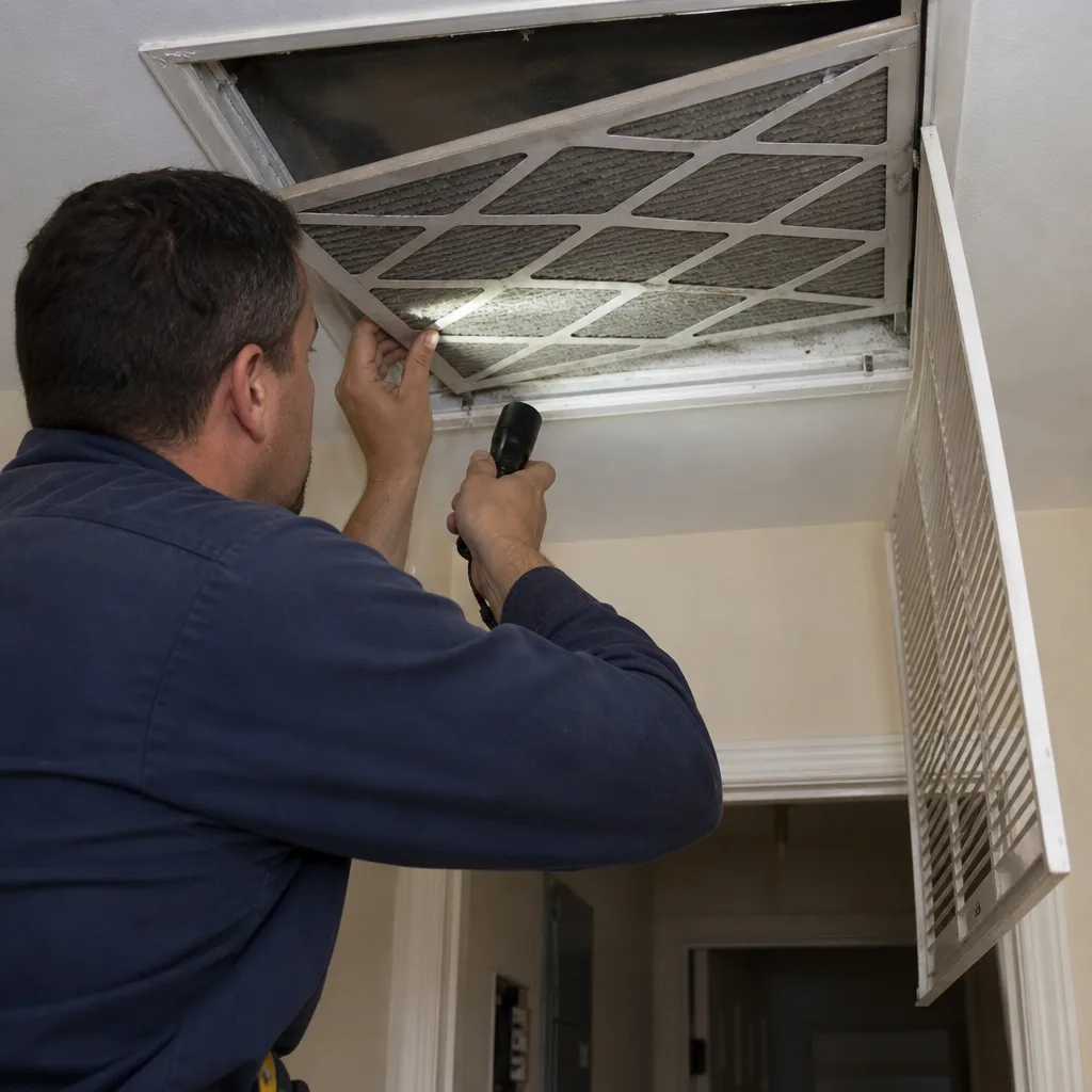 Technician inspecting a residential HVAC air filter