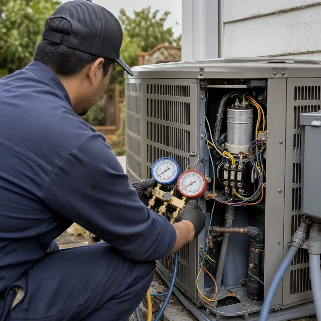 HVAC technician performing professional air conditioning maintenance and diagnostics