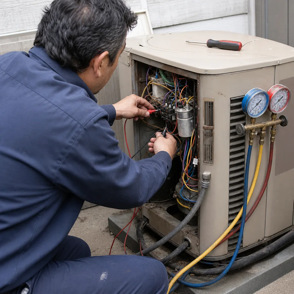 HVAC technician performing professional air conditioning repair and maintenance service