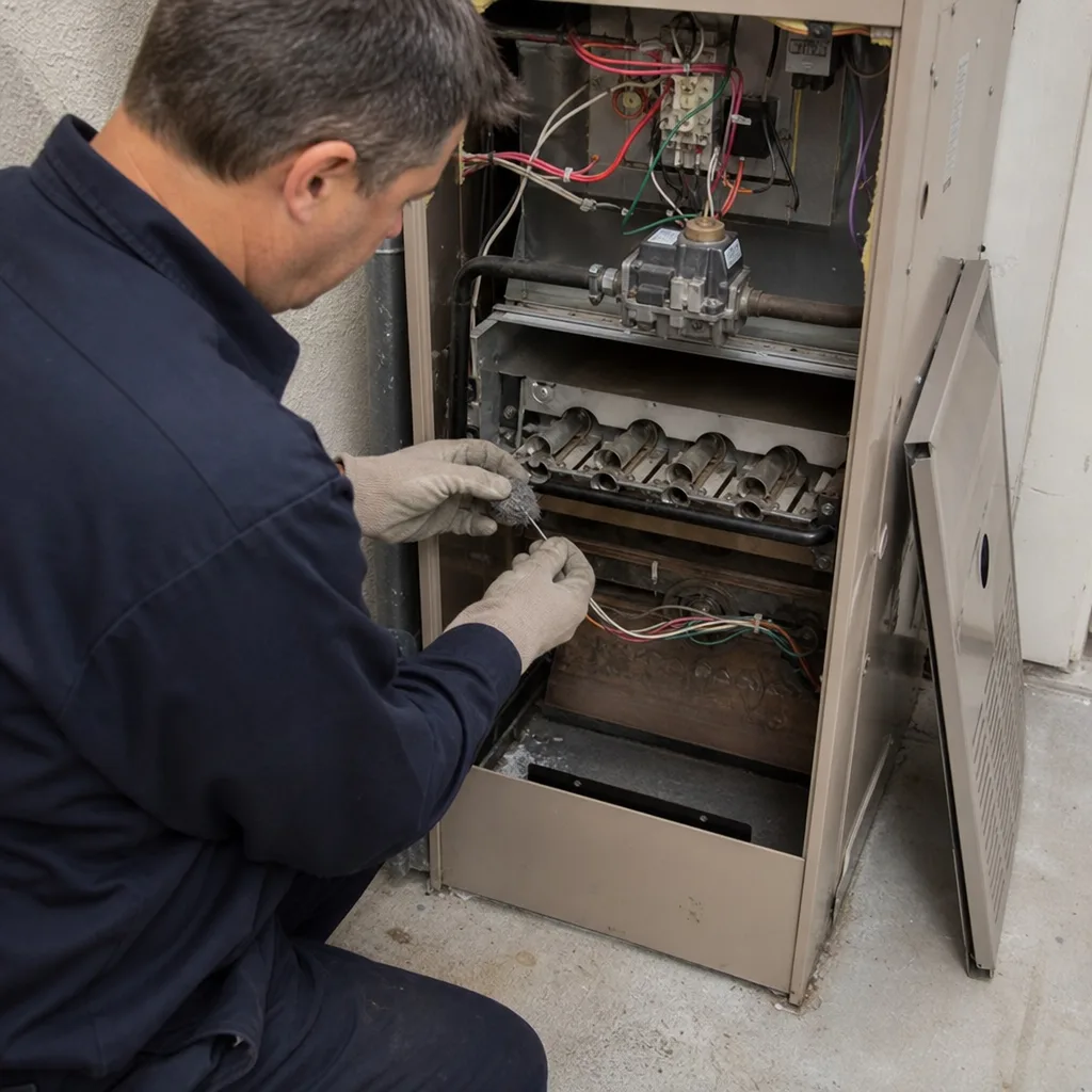 HVAC technician performing professional furnace repair and maintenance