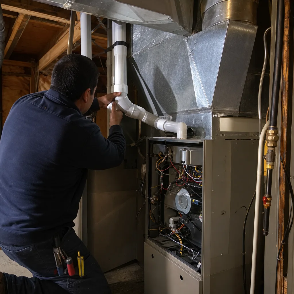 HVAC technician performing professional furnace repair and venting maintenance